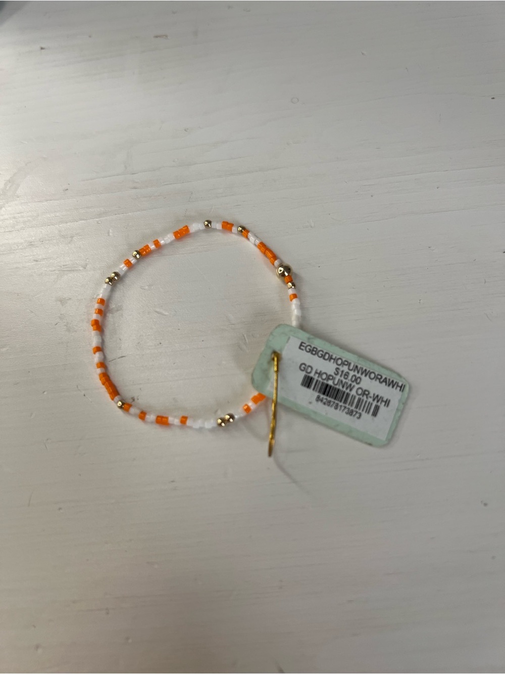 egirl enewton Beaded Stretch Bracelet Orange & White with Gold Accents NWT